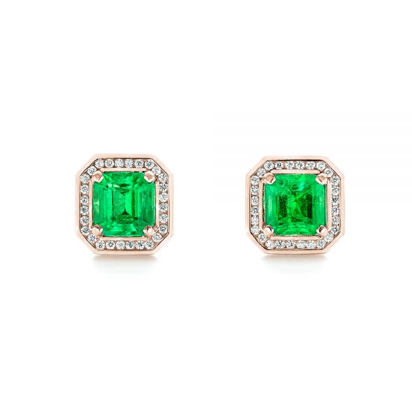 14k Rose Gold 14k Rose Gold Custom Emerald And Diamond Stud Earrings - Three-Quarter View -  103389