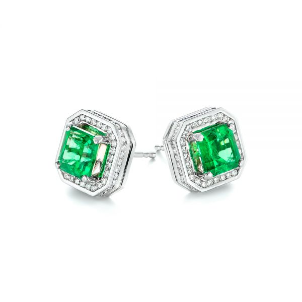 18k White Gold Custom Emerald And Diamond Stud Earrings - Front View -  103389