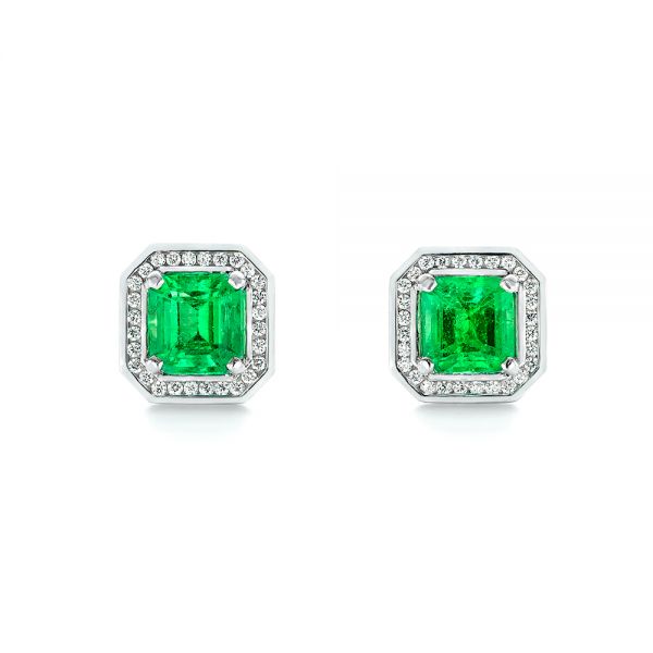 18k White Gold Custom Emerald And Diamond Stud Earrings - Three-Quarter View -  103389