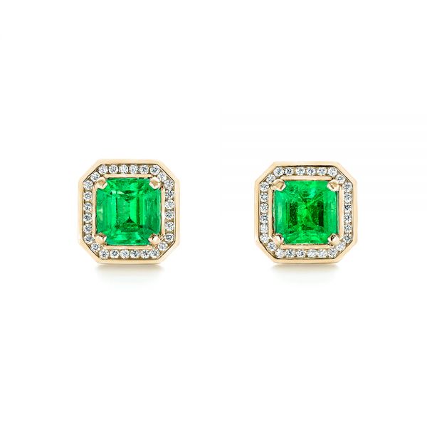 14k Yellow Gold 14k Yellow Gold Custom Emerald And Diamond Stud Earrings - Three-Quarter View -  103389