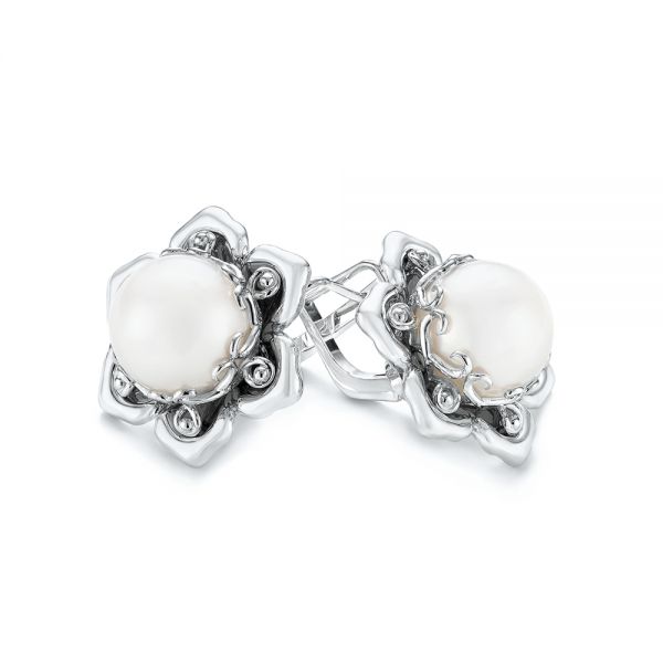 14k White Gold Custom Floral Pearl Earrings - Front View -  103656