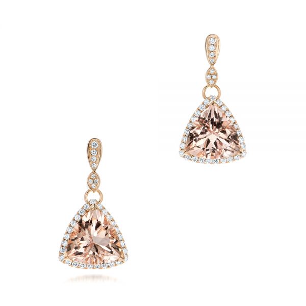 18k Rose Gold 18k Rose Gold Custom Morganite And Diamond Halo Earrings - Three-Quarter View -  102774