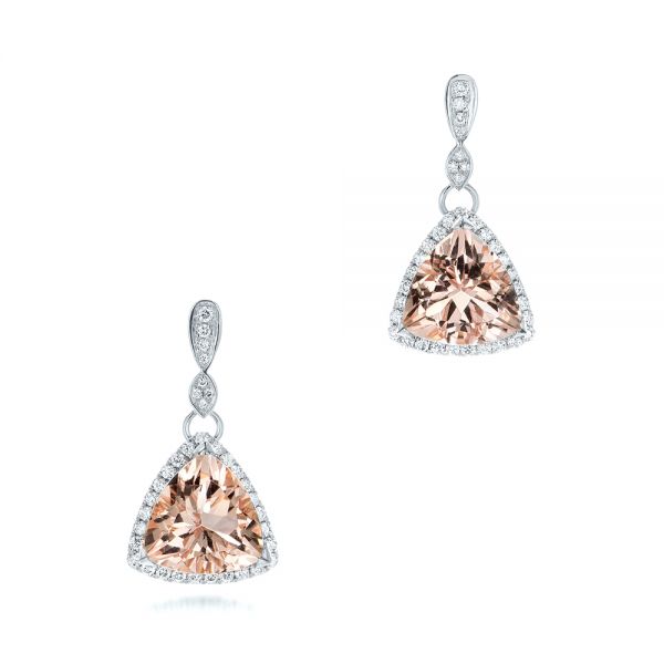  Platinum Platinum Custom Morganite And Diamond Halo Earrings - Three-Quarter View -  102774