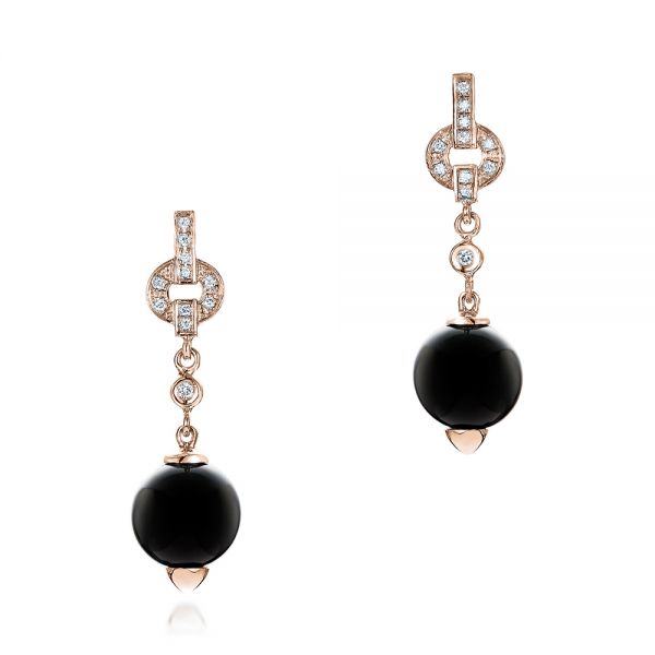 18k Rose Gold 18k Rose Gold Custom Onyx And Diamond Dangle Earrings - Three-Quarter View -  102003