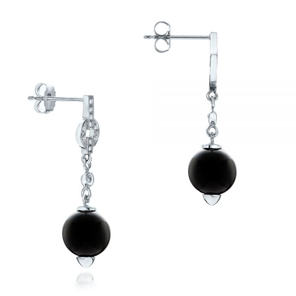 18k White Gold 18k White Gold Custom Onyx And Diamond Dangle Earrings - Front View -  102003