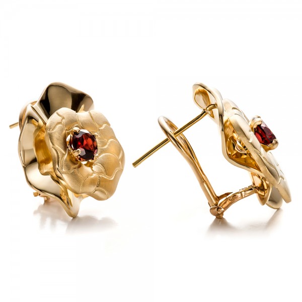 Custom Organic Yellow Gold and Red Garnet Earrings - front perspective