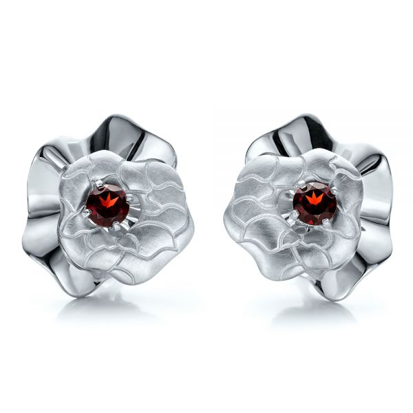 18k White Gold 18k White Gold Custom Organic Red Garnet Earrings - Three-Quarter View -  100630