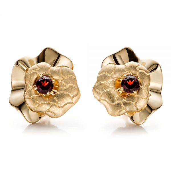 18k Yellow Gold 18k Yellow Gold Custom Organic Red Garnet Earrings - Three-Quarter View -  100630