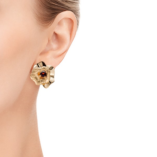 Custom Organic Yellow Gold and Red Garnet Earrings - On hand