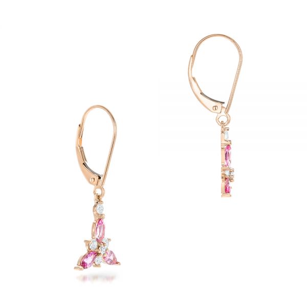 14k Rose Gold 14k Rose Gold Custom Pink Sapphire And Diamond Flower Earrings - Front View - 102733