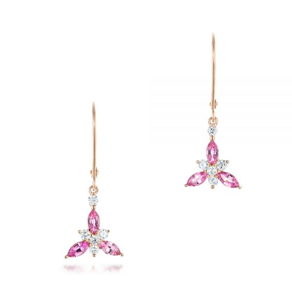 14k Rose Gold 14k Rose Gold Custom Pink Sapphire And Diamond Flower Earrings - Three-Quarter View -  102733