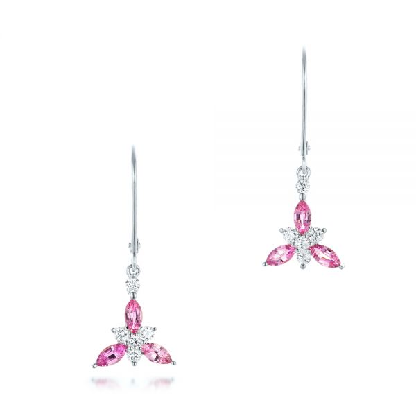14k White Gold 14k White Gold Custom Pink Sapphire And Diamond Flower Earrings - Three-Quarter View -  102733