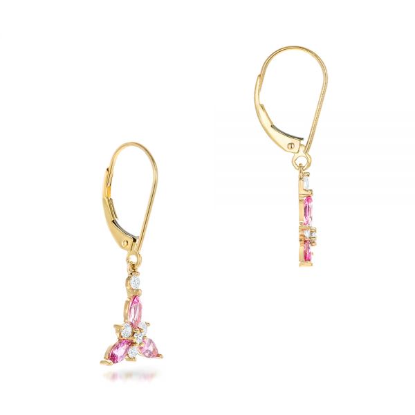 18k Yellow Gold Custom Pink Sapphire And Diamond Flower Earrings - Front View - 102733