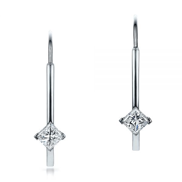  Platinum Platinum Custom Princess Cut Diamond Drop Earrings - Three-Quarter View -  100766