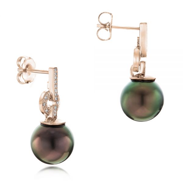 14k Rose Gold 14k Rose Gold Custom Tahitian Pearl And Diamond Earrings - Front View -  102083