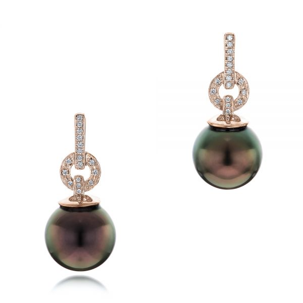 18k Rose Gold 18k Rose Gold Custom Tahitian Pearl And Diamond Earrings - Three-Quarter View -  102083