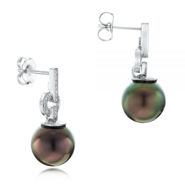 18k White Gold 18k White Gold Custom Tahitian Pearl And Diamond Earrings - Front View -  102083