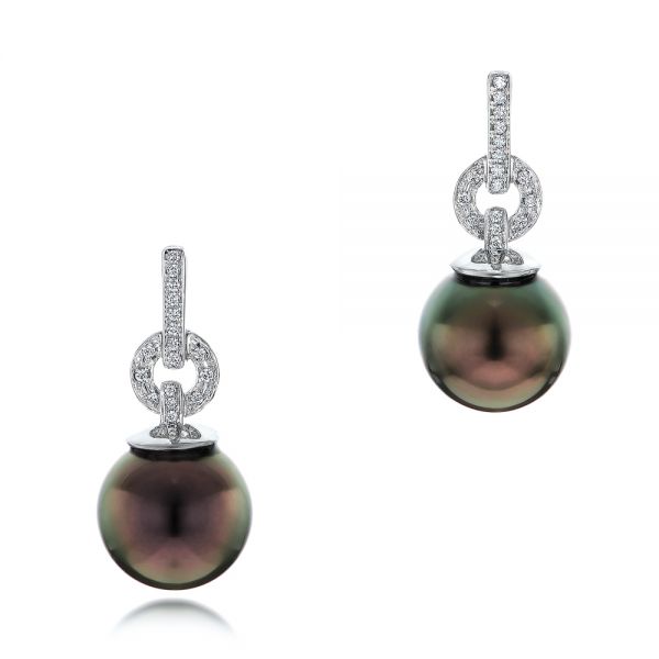 14k White Gold Custom Tahitian Pearl And Diamond Earrings - Three-Quarter View -  102083