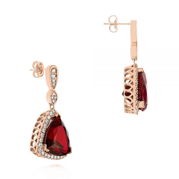 14k Rose Gold 14k Rose Gold Custom Trillion Ruby And Diamond Halo Earrings - Front View -  105199