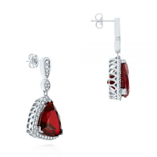 14k White Gold Custom Trillion Ruby And Diamond Halo Earrings - Front View - 105199