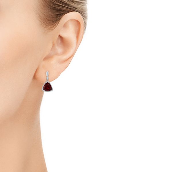 14k White Gold Custom Trillion Ruby And Diamond Halo Earrings - Hand View - 105199