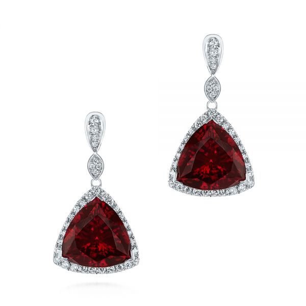  Platinum Platinum Custom Trillion Ruby And Diamond Halo Earrings - Three-Quarter View -  105199