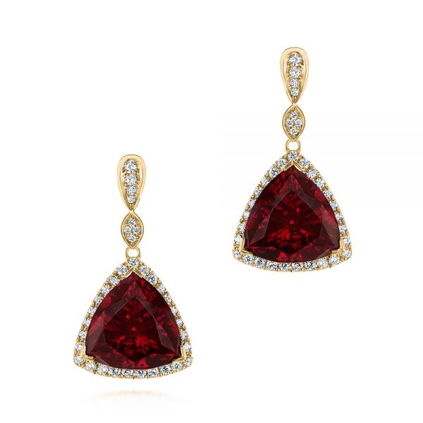 18k Yellow Gold 18k Yellow Gold Custom Trillion Ruby And Diamond Halo Earrings - Three-Quarter View -  105199