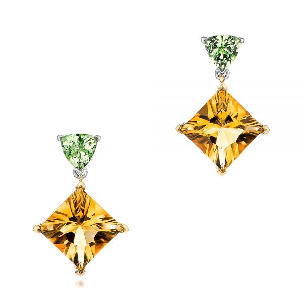 14k Yellow Gold And 14K Gold Custom Two-tone Citrine And Garnet Earrings - Three-Quarter View -  102103