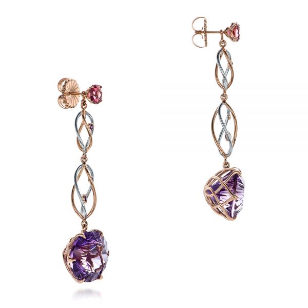 14k Rose Gold And 14K Gold Custom Two-tone Amethyst Drop Earrings - Front View - 102212