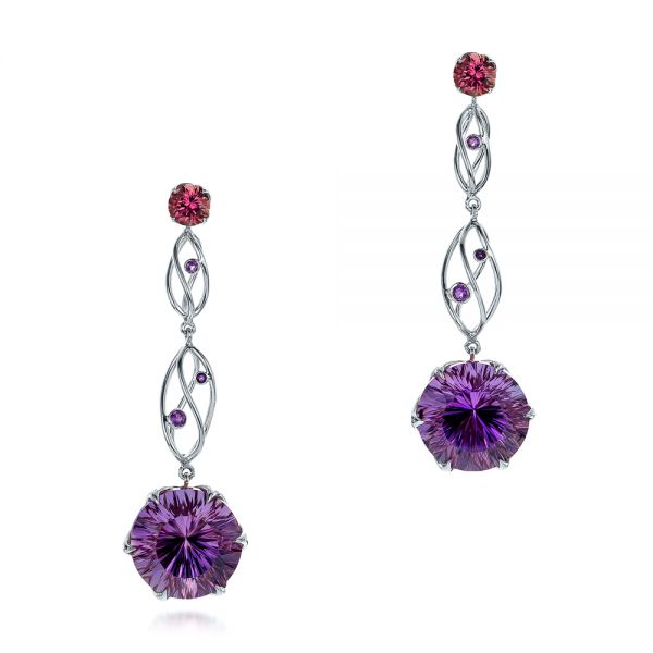 14k White Gold And Platinum 14k White Gold And Platinum Custom Two-tone Amethyst Drop Earrings - Three-Quarter View -  102212