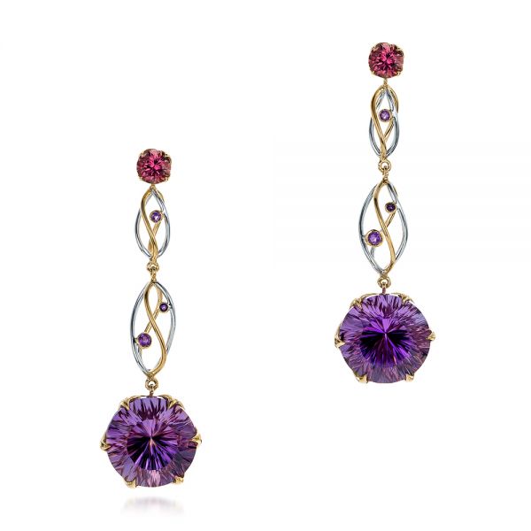 18k Yellow Gold And 18K Gold 18k Yellow Gold And 18K Gold Custom Two-tone Amethyst Drop Earrings - Three-Quarter View -  102212