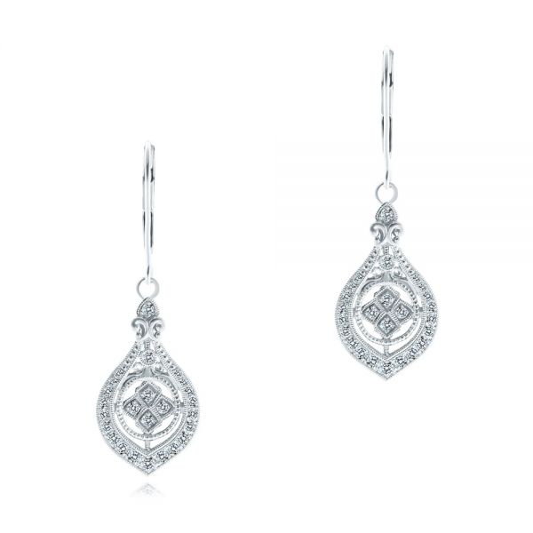  14K Gold Custom Vintage Inspired Diamond Earrings - Three-Quarter View -  107262