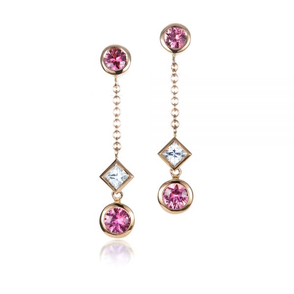 14k Rose Gold 14k Rose Gold Custom White And Pink Sapphire Earrings - Three-Quarter View - 1310