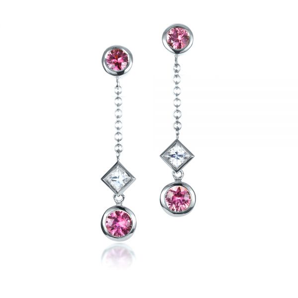 18k White Gold 18k White Gold Custom White And Pink Sapphire Earrings - Three-Quarter View -  1310