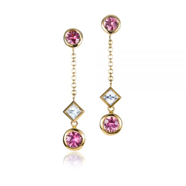 14k Yellow Gold 14k Yellow Gold Custom White And Pink Sapphire Earrings - Three-Quarter View -  1310