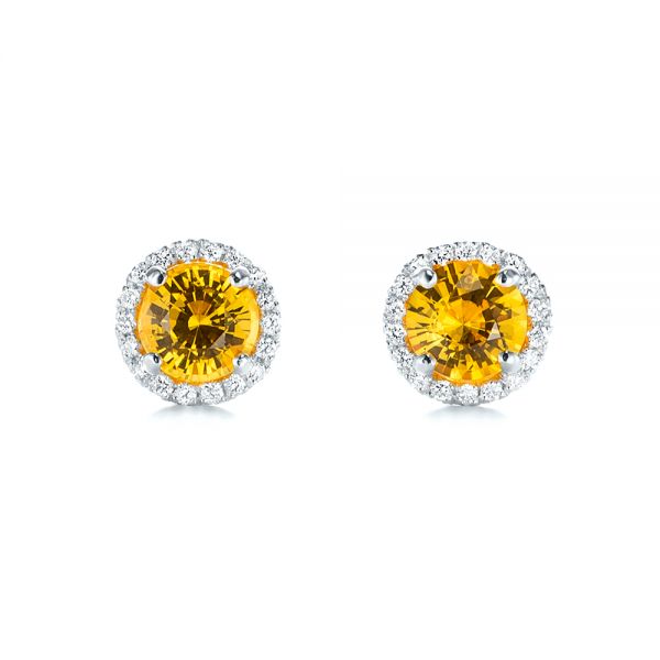 18k White Gold 18k White Gold Custom Yellow Sapphire And Diamond Stud Earrings - Three-Quarter View -  103388