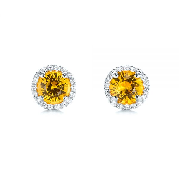 14k White Gold 14k White Gold Custom Yellow Sapphire And Diamond Stud Earrings - Three-Quarter View -  103388