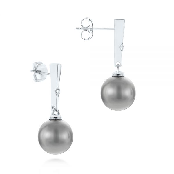 14k White Gold Dangle Diamond And Pearl Earrings - Front View -  105110