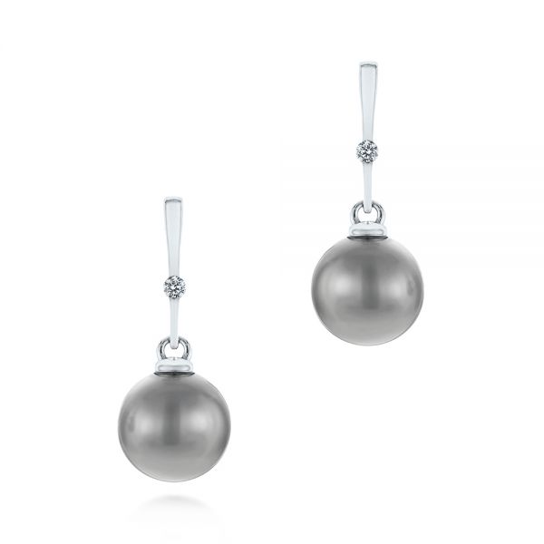 14k White Gold Dangle Diamond And Pearl Earrings - Three-Quarter View -  105110