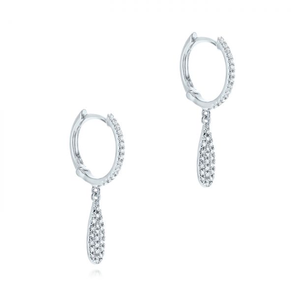 14k White Gold Dangling Huggie Diamond Earrings - Front View -  105946