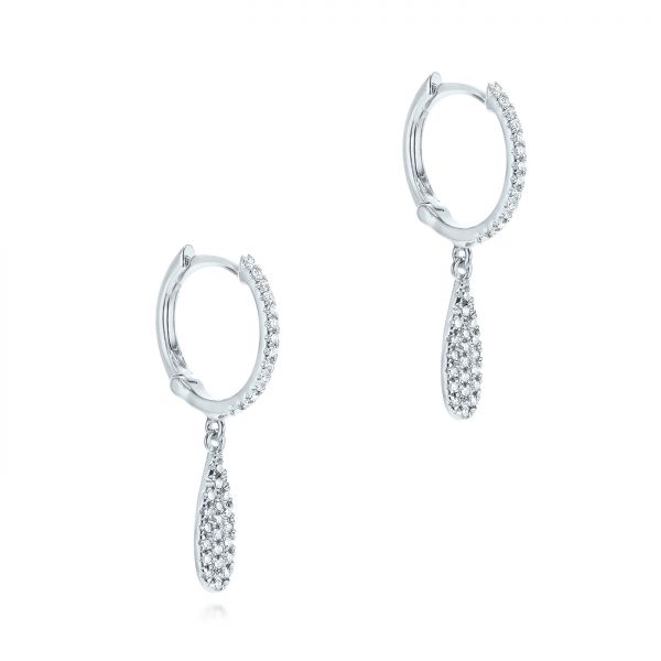 14k White Gold Dangling Huggie Diamond Earrings - Front View - 105946