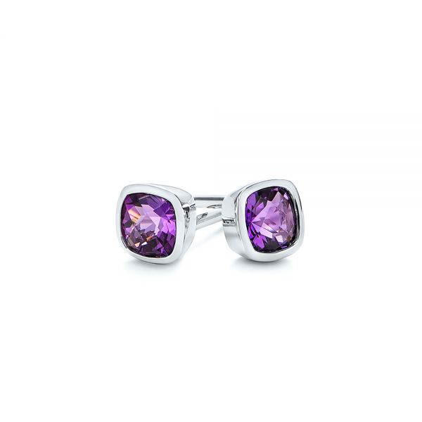 14k White Gold Delicate Amethyst Stud Earrings - Front View -  106033