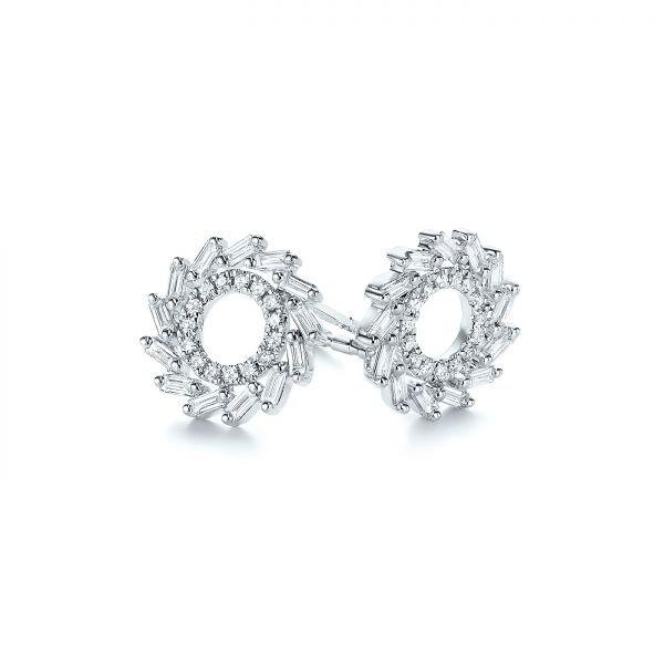 18k White Gold 18k White Gold Diamond Baguette Circle Stud Earrings - Front View -  105949