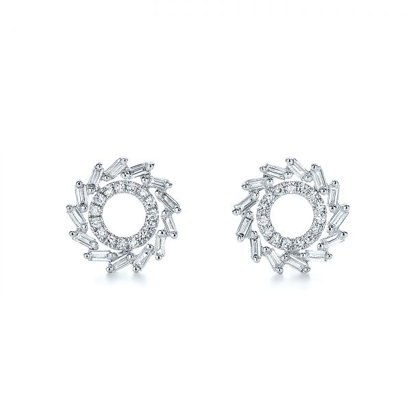 14k White Gold Diamond Baguette Circle Stud Earrings - Three-Quarter View -  105949