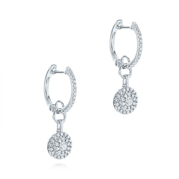 14k White Gold Diamond Dangling Huggie Earrings - Front View -  105947