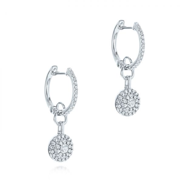 14k White Gold Diamond Dangling Huggie Earrings - Front View - 105947