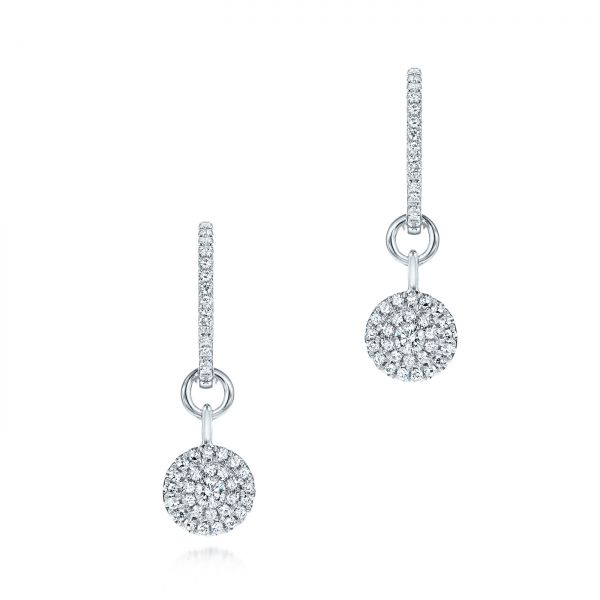 18k White Gold 18k White Gold Diamond Dangling Huggie Earrings - Three-Quarter View -  105947