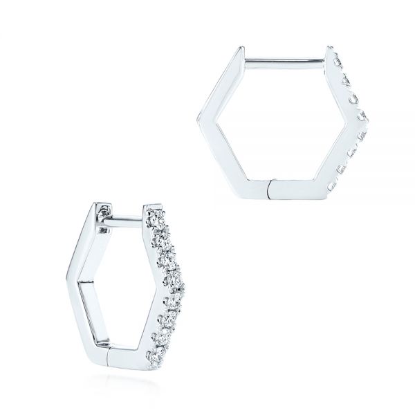 14k White Gold Diamond Geometric Hexagon Hoop Earrings - Front View -  105993