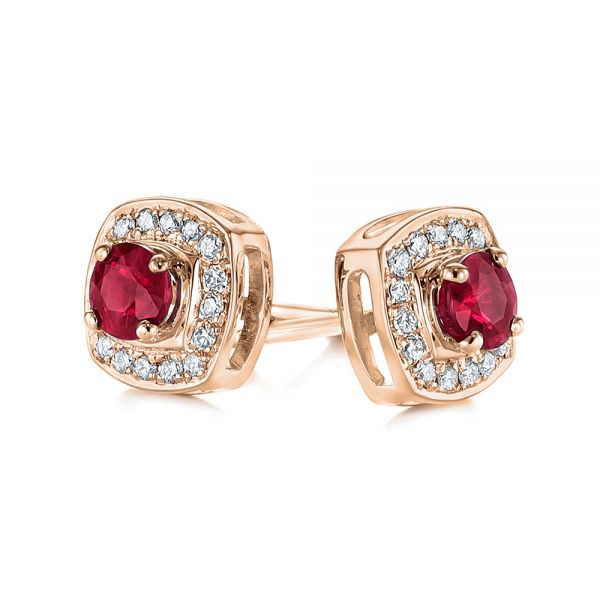 18k Rose Gold 18k Rose Gold Diamond Halo And Ruby Earrings - Front View -  104016