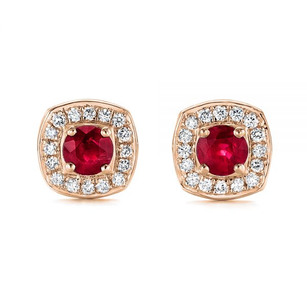 18k Rose Gold 18k Rose Gold Diamond Halo And Ruby Earrings - Three-Quarter View -  104016